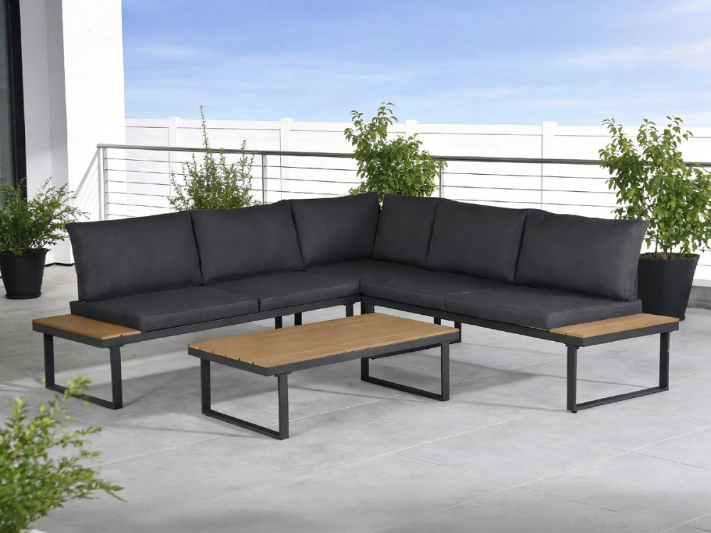Fiora" corner sofa garden furniture, imitation wood decor - 5 seater - Grey