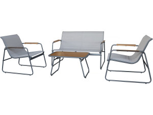 Sparta" metal garden furniture set with imitation wood decor - 4 seats - Light grey