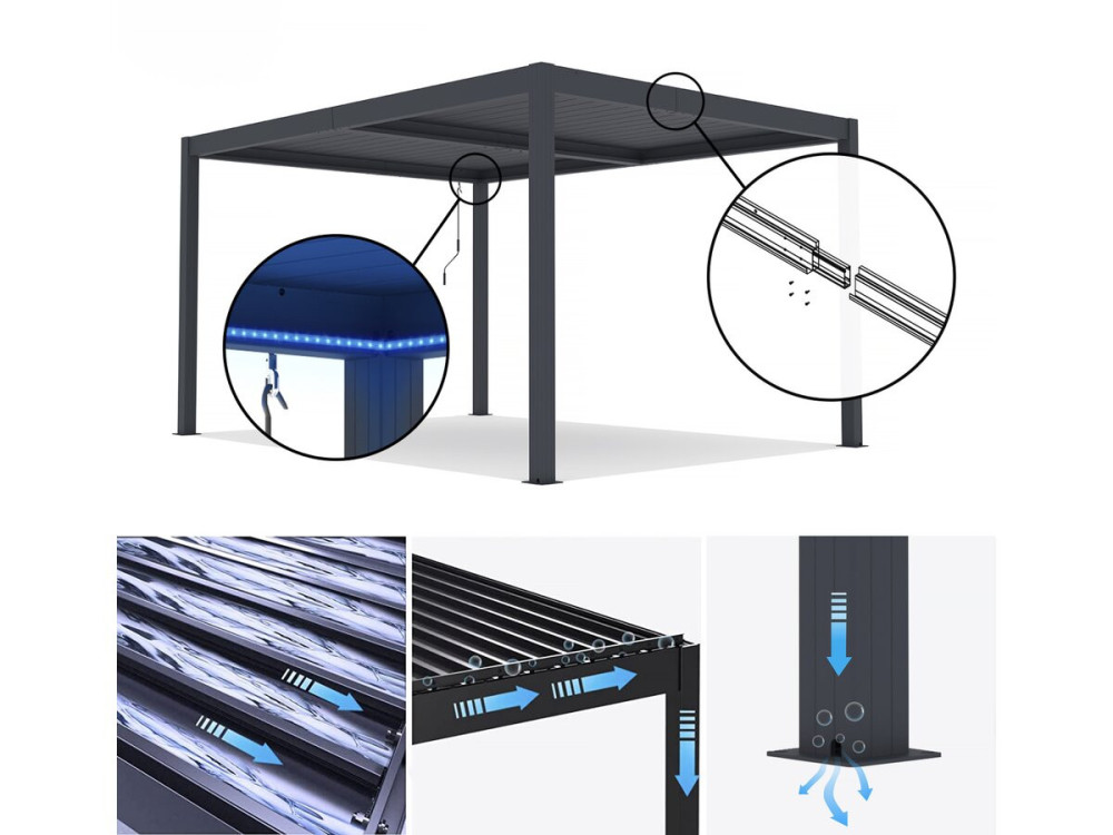 Bioclimatic pergola with LED "Windsor" in aluminum 3 x 4 - Gray