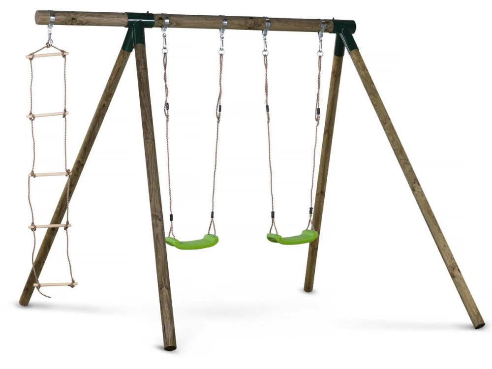 Timo wooden swing set - With 2 swings and 1 rope ladder.