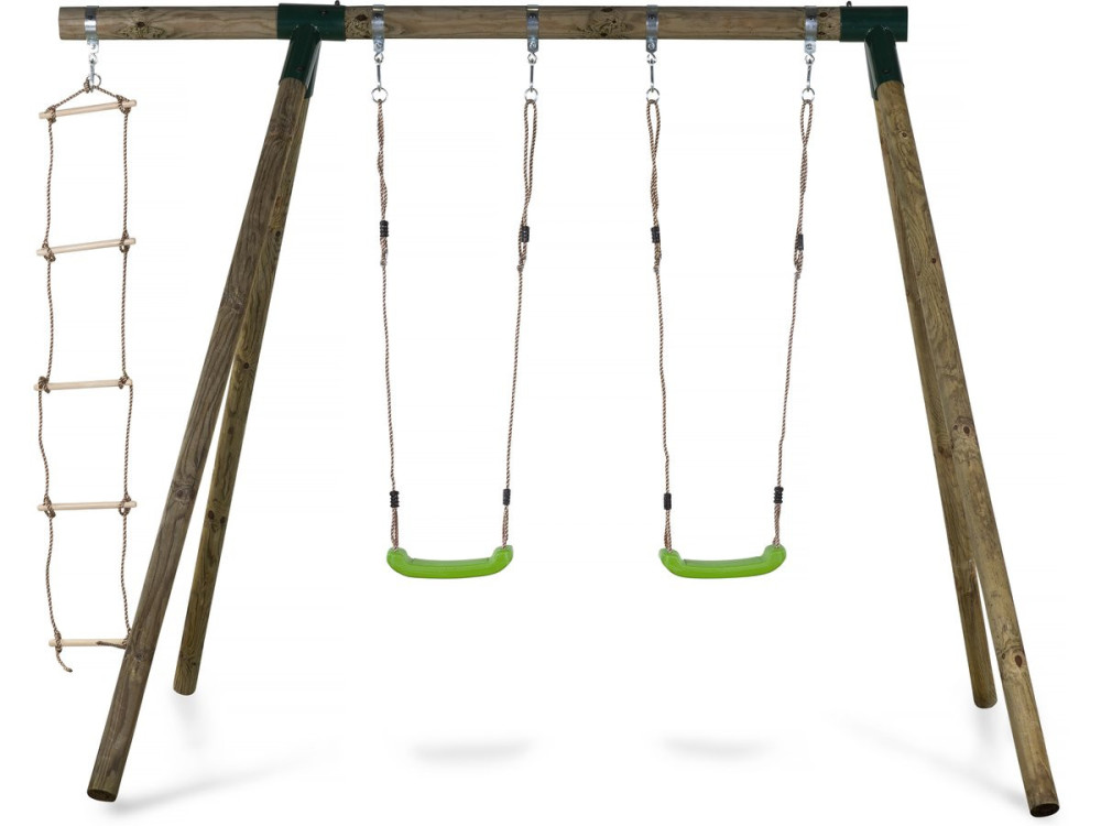 Timo wooden swing set - With 2 swings and 1 rope ladder.