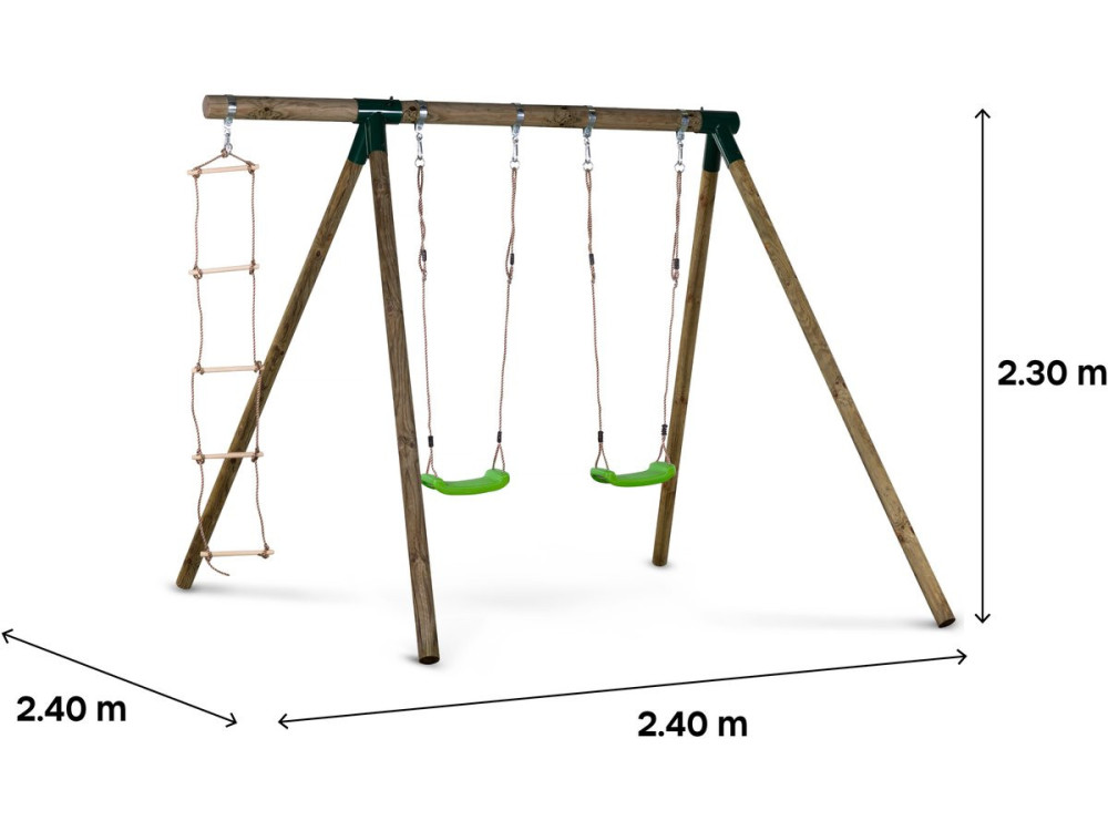 Timo wooden swing set - With 2 swings and 1 rope ladder.