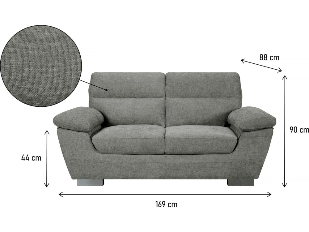 Fixed fabric sofa "Dallas" - 169 x 88 x 90 cm - 2 seats - Grey