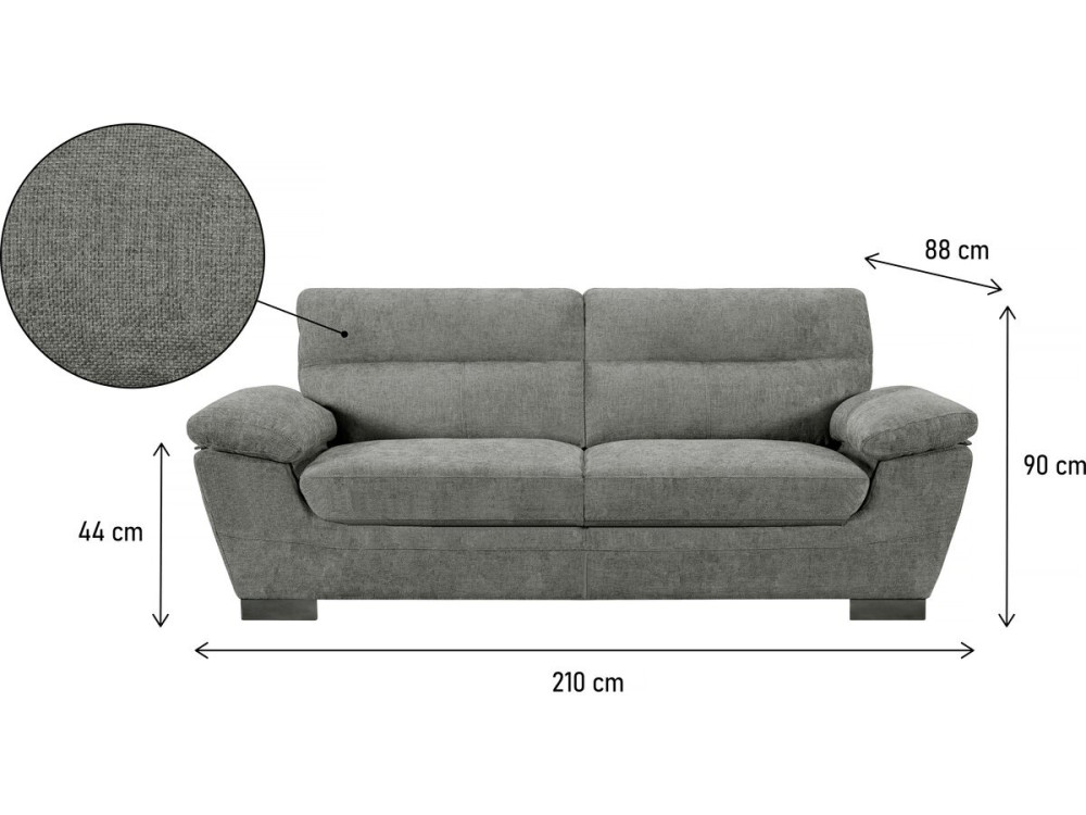 Fixed fabric sofa "Dallas" - 210 X 88 X 90 cm - 3 seats - Grey