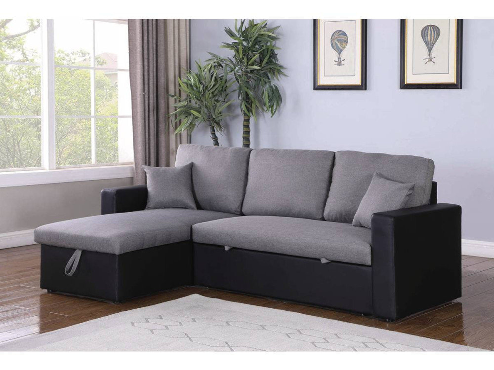 Convertible corner sofa "Alain" with storage space - 221 x 145 x 85 cm - 3 seater- Grey / Black