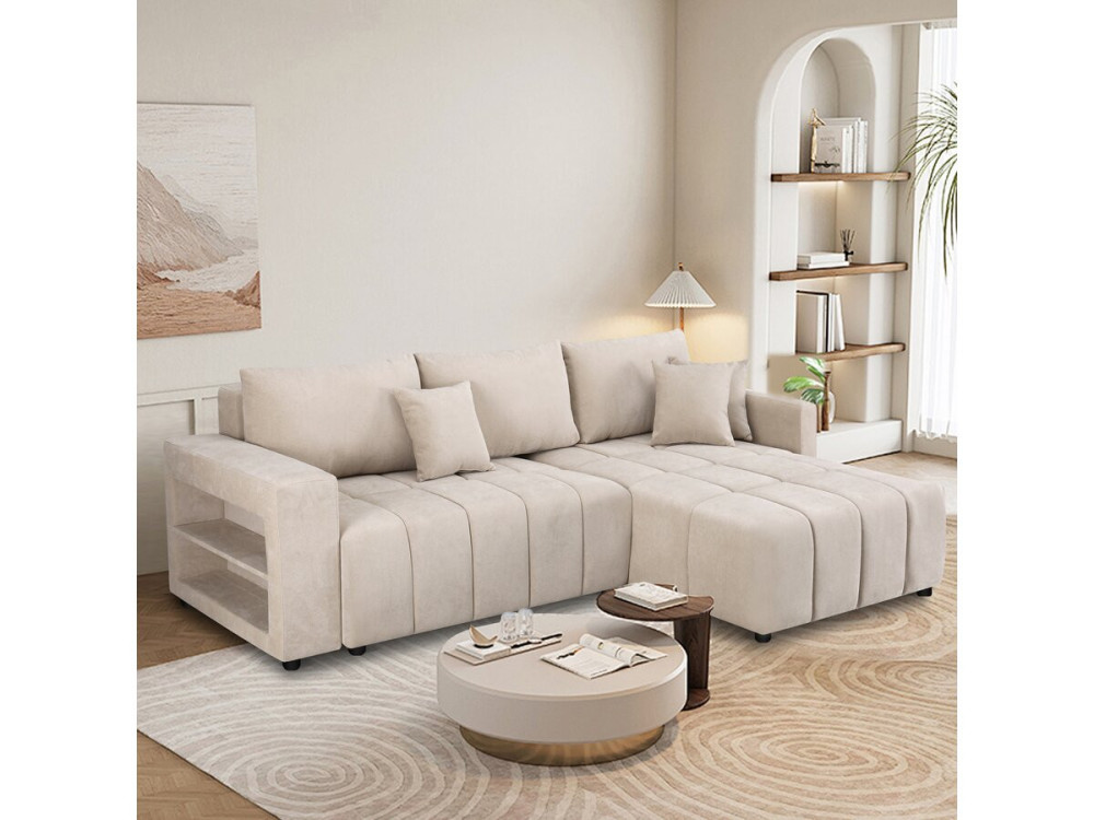 3-seater chenille fabric convertible corner sofa - "Trocadero" - Beige