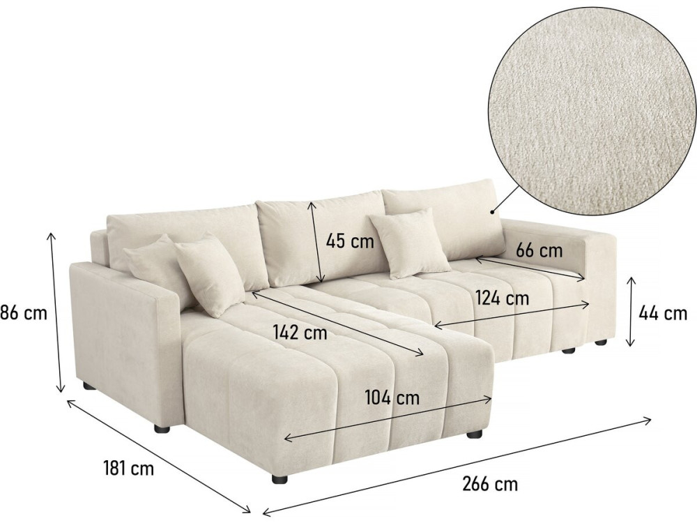 3-seater chenille fabric convertible corner sofa - "Trocadero" - Beige