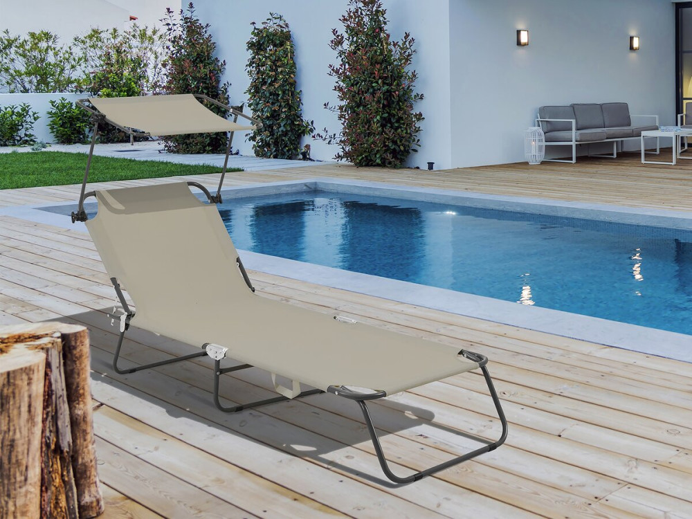 Lazy" folding sunlounger - With sunshade - Taupe