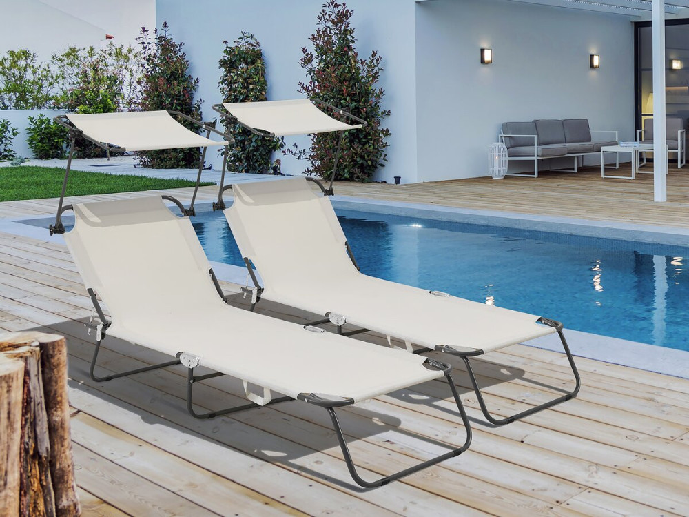 Set of 2 "Lazy" folding sunbeds - With sunshade - Beige