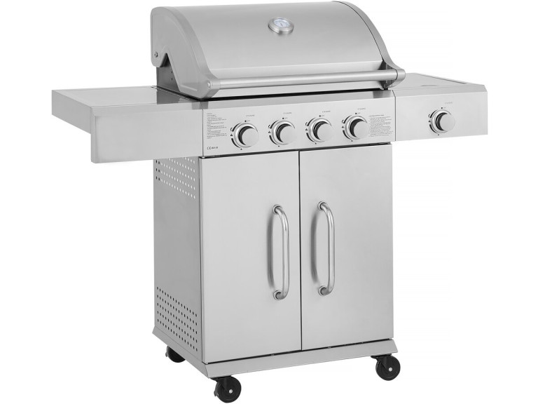 Stainless steel gas barbecue with 5 burners including 1 side burner "Brazzo" - 118 x 57 x 104 cm - Light grey