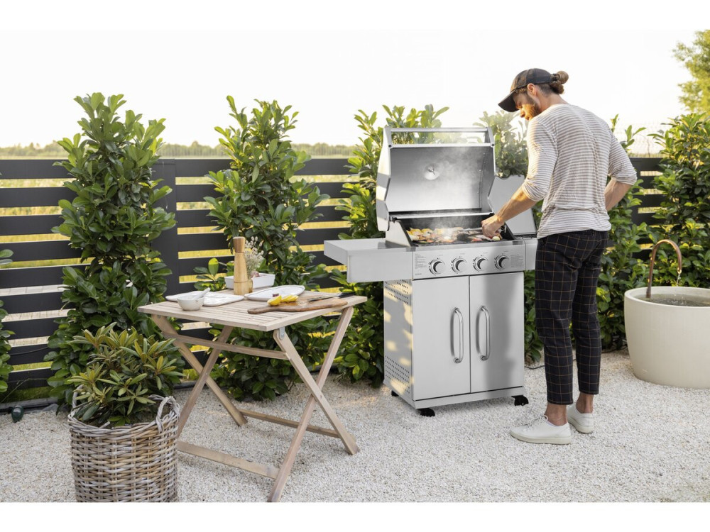Stainless steel gas barbecue with 5 burners including 1 side burner "Brazzo" - 118 x 57 x 104 cm - Light grey