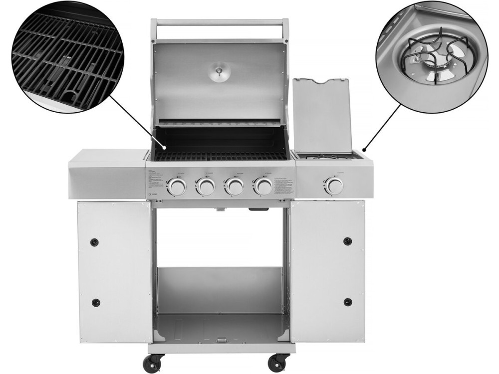 Stainless steel gas barbecue with 5 burners including 1 side burner "Brazzo" - 118 x 57 x 104 cm - Light grey
