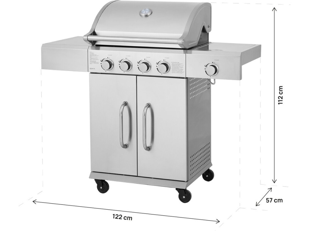 Stainless steel gas barbecue with 5 burners including 1 side burner "Brazzo" - 118 x 57 x 104 cm - Light grey