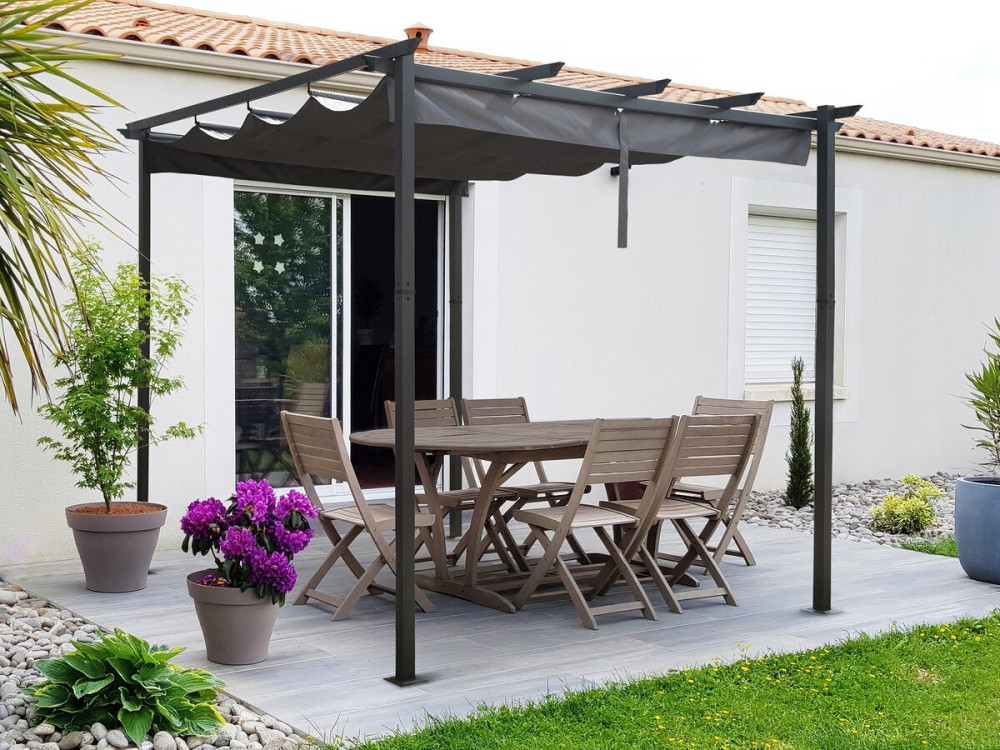 Aluminium pergola with retractable roof - 3 x 3 m - Grey