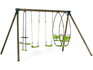 Nelio wooden portico - With 2 swings, 1 vis-à-vis and 1 nacelle.