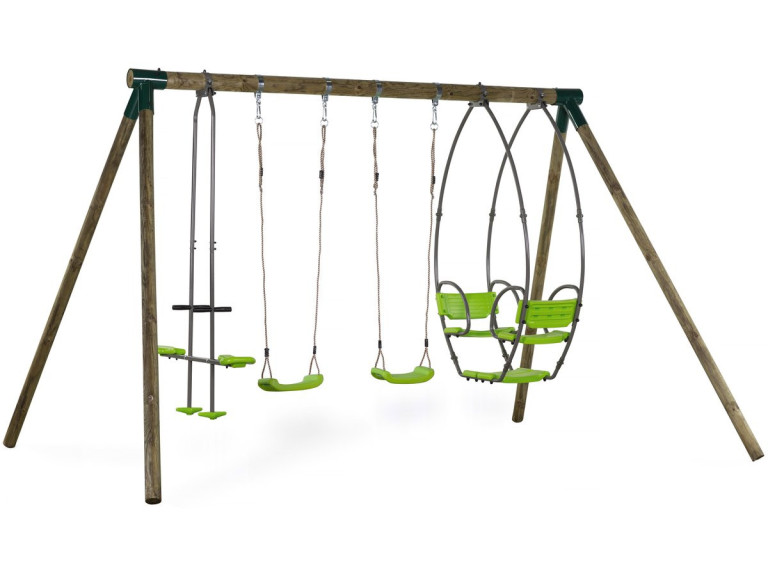 Nelio wooden portico - With 2 swings, 1 vis-à-vis and 1 nacelle.