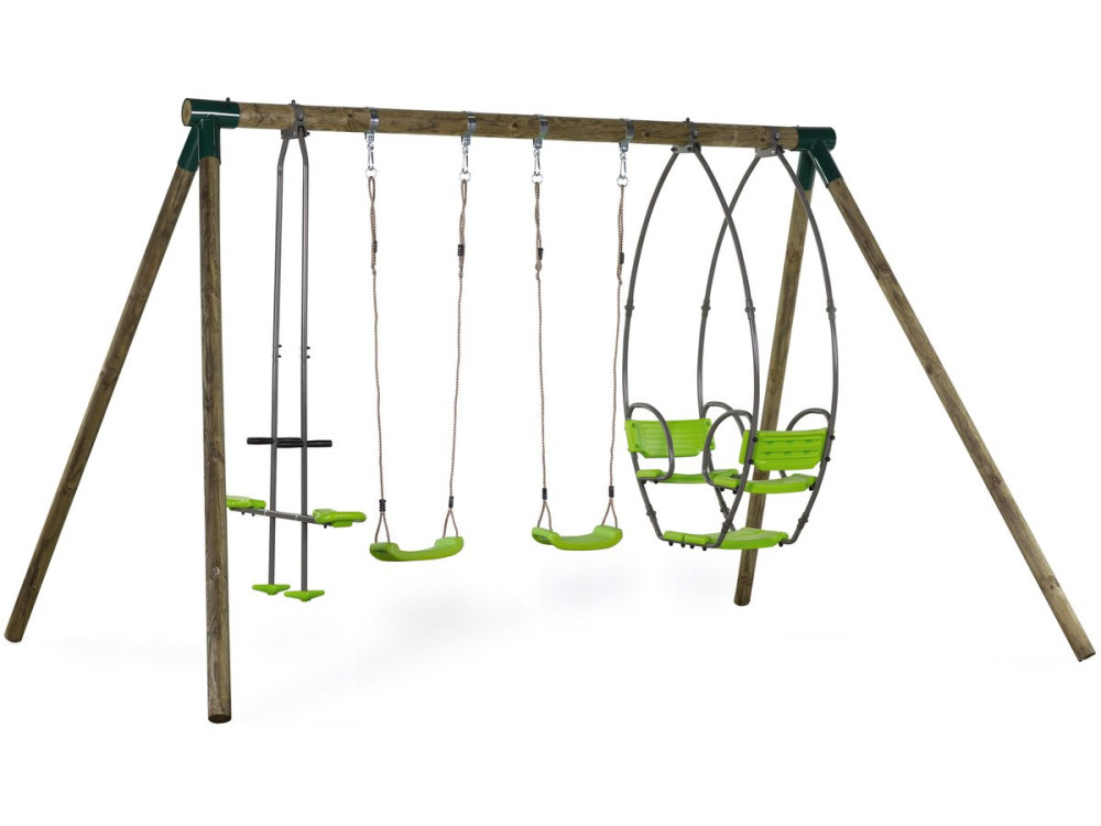Nelio wooden portico - With 2 swings, 1 vis-à-vis and 1 nacelle.