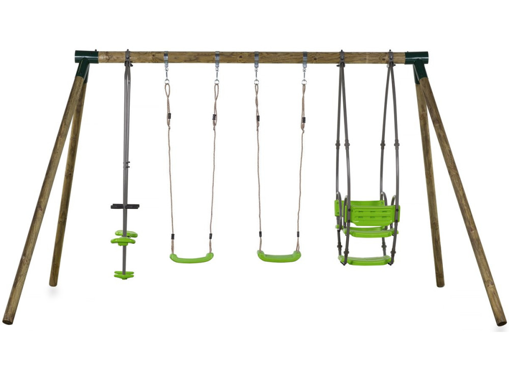 Nelio wooden portico - With 2 swings, 1 vis-à-vis and 1 nacelle.