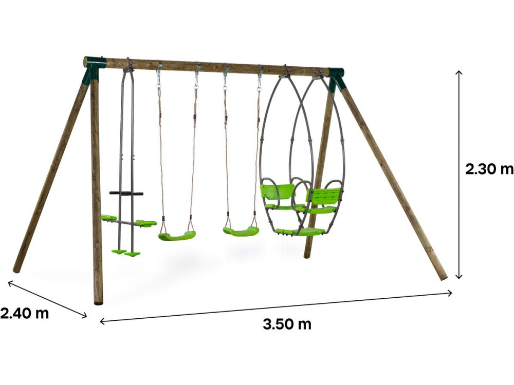 Nelio wooden portico - With 2 swings, 1 vis-à-vis and 1 nacelle.