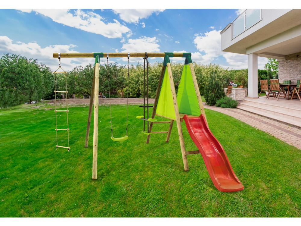 Kida" Wooden Gantry - With 1 Slide - 1 Swing - 1 Face to face - 1 Carrycot.