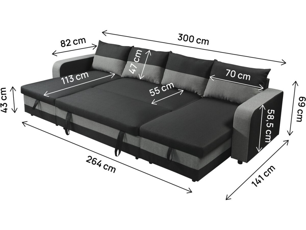 Victor" panoramic fabric corner sofa bed - 4 seater - Black