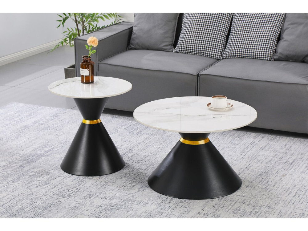 Set of 2 "Lune" ceramic nesting coffee tables - 70 x 70 x 42 cm - Grey/White