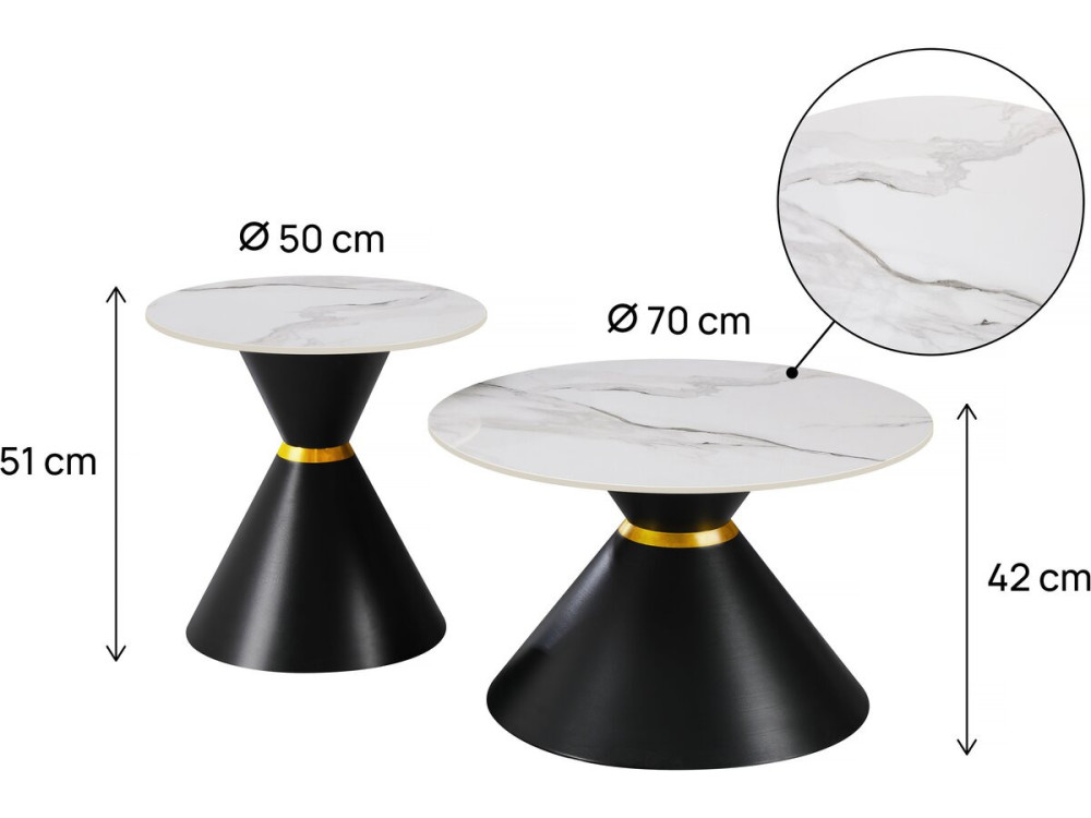 Set of 2 "Lune" ceramic nesting coffee tables - 70 x 70 x 42 cm - Grey/White